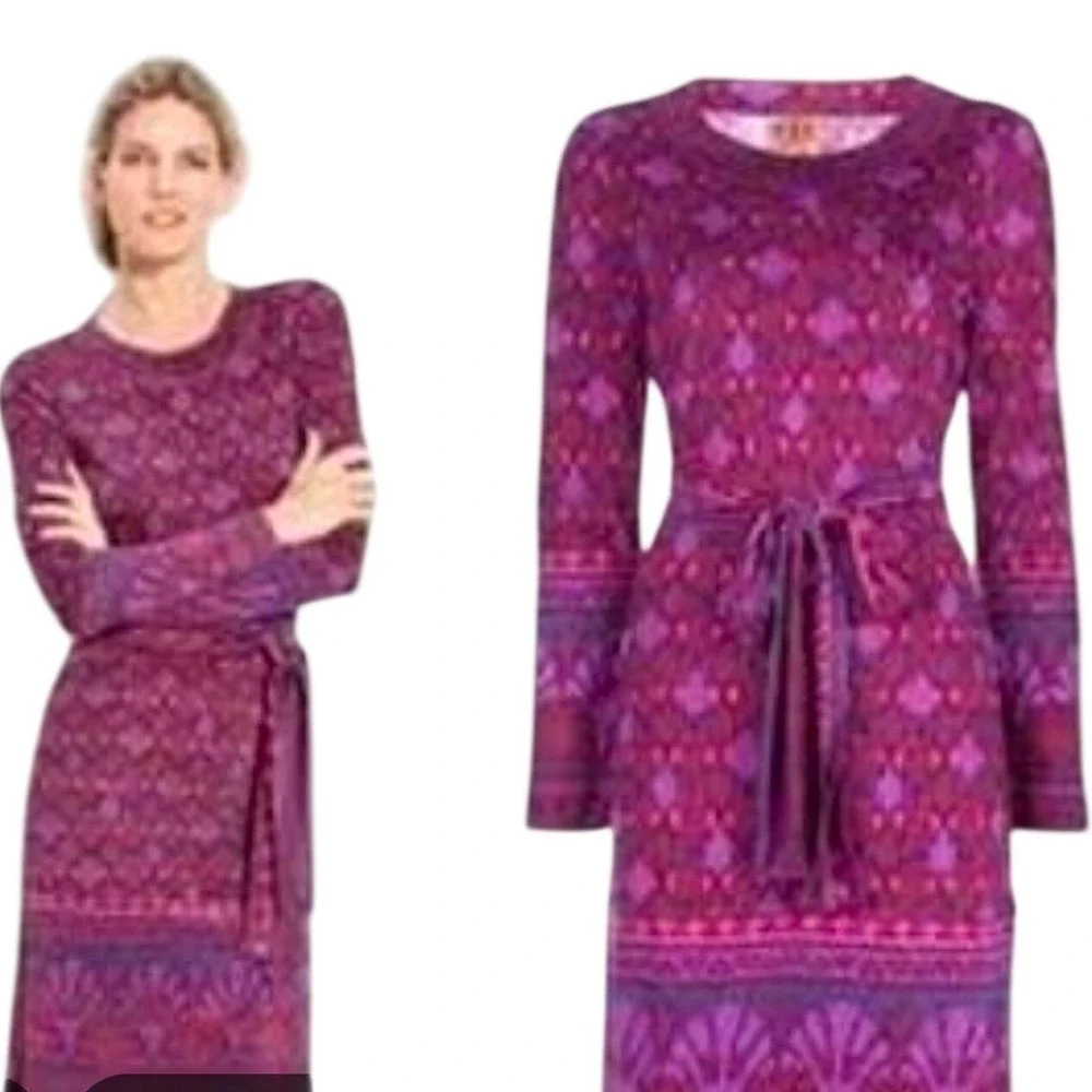 Tory Burch Audra‎ Silk Geometric Print Wrap Dress Purple Pink Long Sleeve Medium